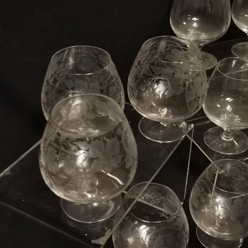 173 - Set of 6 cut glass brandy schooners with etched decoration 12cm high  T/W 4 other brandy schooners -... 