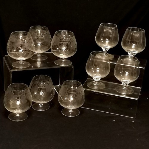 173 - Set of 6 cut glass brandy schooners with etched decoration 12cm high  T/W 4 other brandy schooners -... 