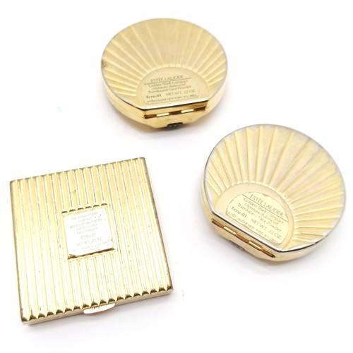 183 - Estee Lauder 3 x gold tone powder compacts - 2 are golden shell design (1 lacks catch) - in used con... 