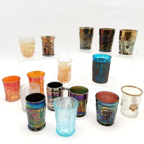 185 - Collection of assorted Carnival glass beakers of varying colours, largest being 11 cm high inscribed... 