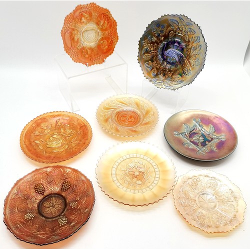 186 - Collection of assorted Carnival glass plates, 1 decorated with a Peacock, another with horses heads ... 