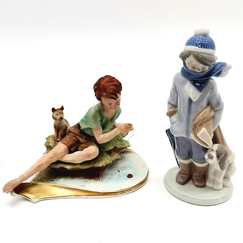 188 - Llladro figure of boy with a dog 20 cm high, Capo Di Monte figure group of a boy fishing with a cat,... 