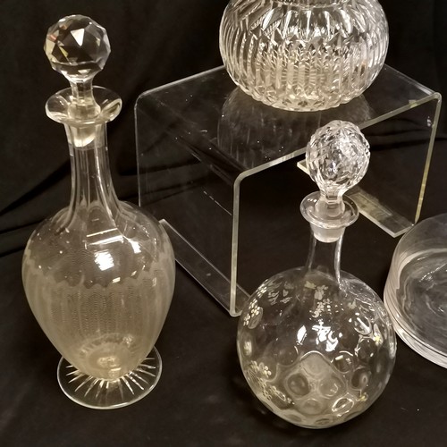 190 - Edwardian etched sherry decanter, 32 cm high stopper a/f, Dartington glass decanter, and 2 others a/... 