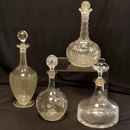 190 - Edwardian etched sherry decanter, 32 cm high stopper a/f, Dartington glass decanter, and 2 others a/... 