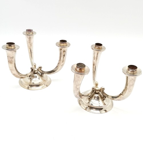 194 - Pair of Arts & Crafts 3 branch silver plated candelabra, 17 cm high, 21 cm wide, Marked Argentor, No... 