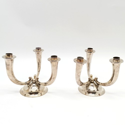 194 - Pair of Arts & Crafts 3 branch silver plated candelabra, 17 cm high, 21 cm wide, Marked Argentor, No... 