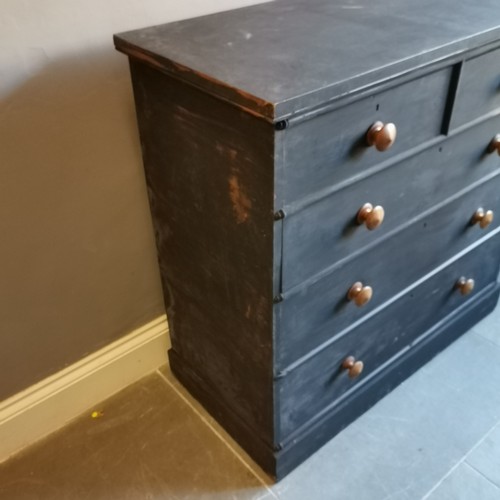 208 - Black Painted Chest of 2 short and 3 long graduated drawers on platform base, with turned wooden han... 