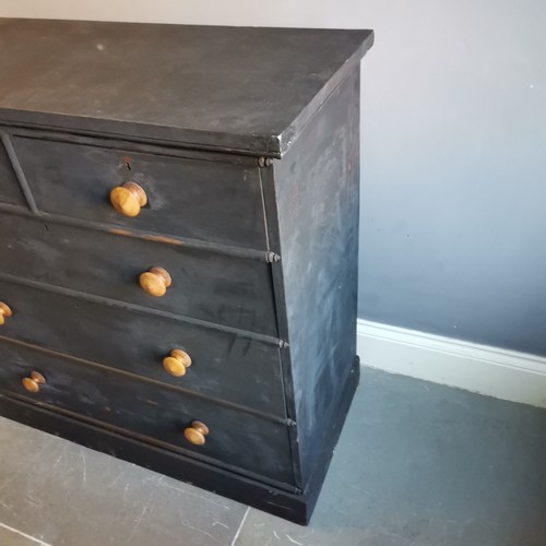 208 - Black Painted Chest of 2 short and 3 long graduated drawers on platform base, with turned wooden han... 