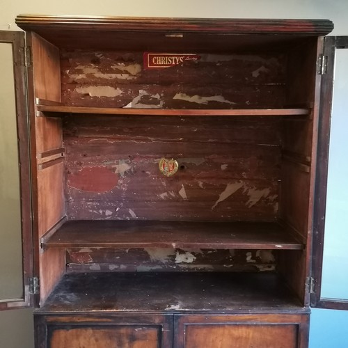 209 - Antique mahogany Christy's Hat Shop display cabinet, bearing labels and Brass Plaque, with double gl... 