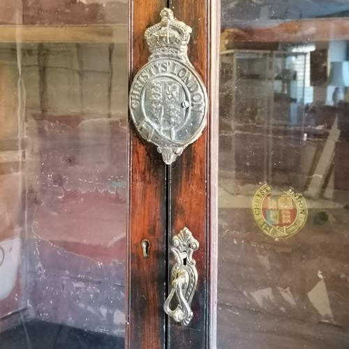 209 - Antique mahogany Christy's Hat Shop display cabinet, bearing labels and Brass Plaque, with double gl... 