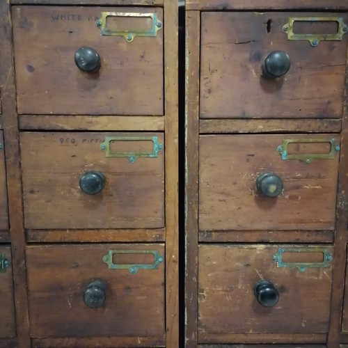 227 - Pair of Antique apothecary drawer banks comprising 15 short drawers per bank,  70 cm wide x 26 cm de... 