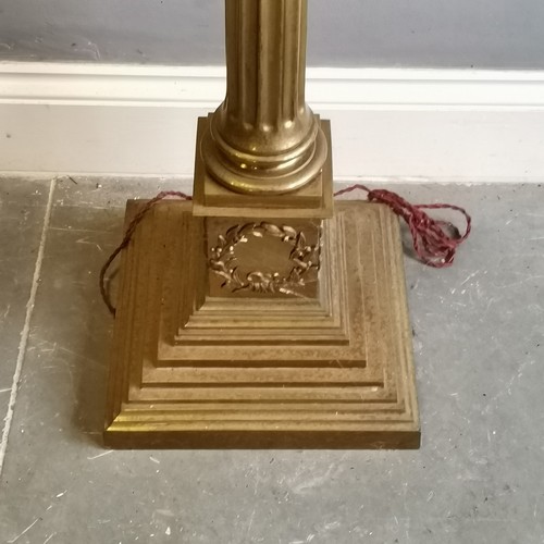 239 - Antique Gilt brass, Corinthian column floor lamp, converted from oil lamp, complete with shade, base... 