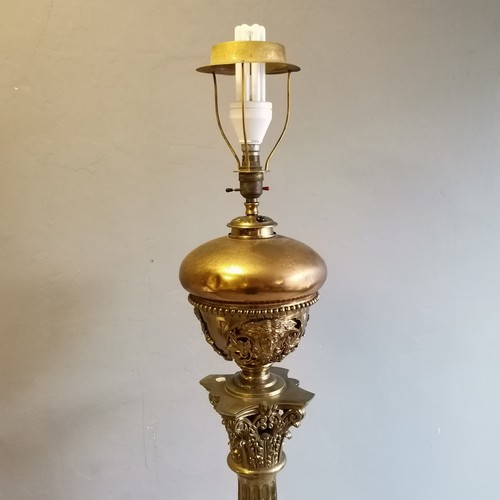 239 - Antique Gilt brass, Corinthian column floor lamp, converted from oil lamp, complete with shade, base... 