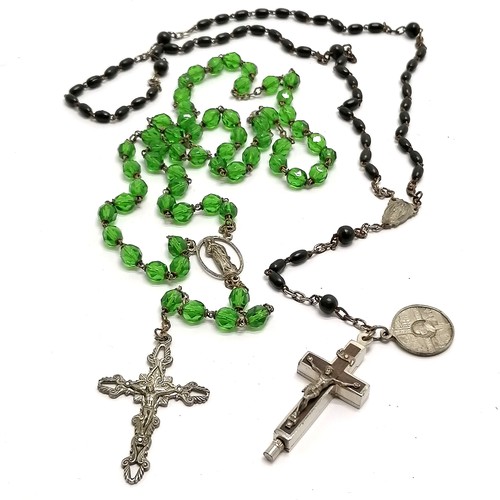 245 - 2 x rosaries inc green glass beads & 1 with reliquary (60cm long + 17cm crucifix drop)