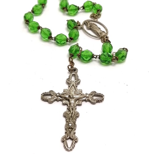 245 - 2 x rosaries inc green glass beads & 1 with reliquary (60cm long + 17cm crucifix drop)