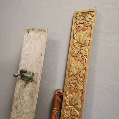 249 - Coatrack with 4 brass hooks, 93cm x 10cm, used condition, t/w carved panel, 100cm x 8cm and a walkin... 