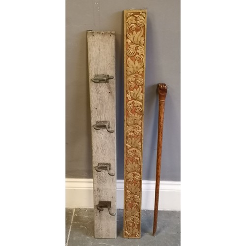 249 - Coatrack with 4 brass hooks, 93cm x 10cm, used condition, t/w carved panel, 100cm x 8cm and a walkin... 