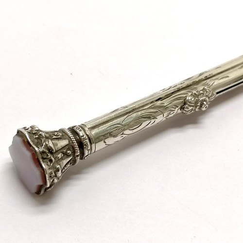 266 - Antique unmarked silver combination propelling pencil / nib pen with sardonyx shield shaped seal end... 