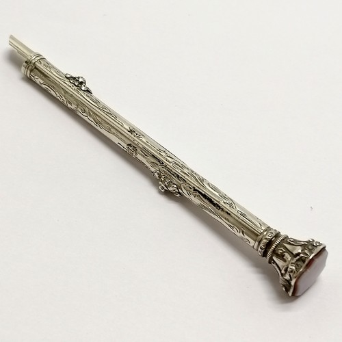 266 - Antique unmarked silver combination propelling pencil / nib pen with sardonyx shield shaped seal end... 