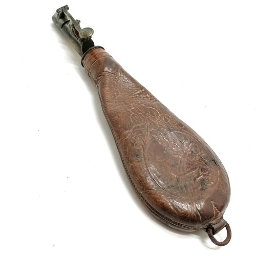 267 - Antique leather & brass shot case, brass powder flask (a/f), antique skinning knife (with obvious da... 