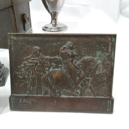 290 - Bronze plaque depicting The knight, death and the Devil 17cm x12cm child's leather sporran, wooden n... 