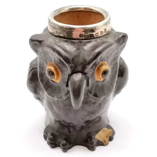 296 - 1897 Doulton Lambeth stoneware owl vesta / match holder ? with Chester silver collar by Cornelius De... 