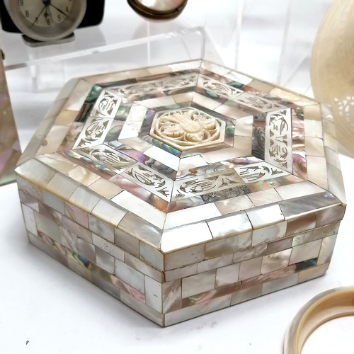 311 - Quantity of Mother of Pearl items incl. Jerusalem religious carved dish, early 19thC christening pla... 