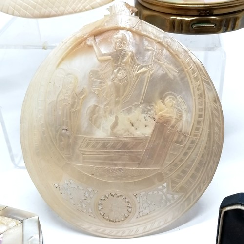 311 - Quantity of Mother of Pearl items incl. Jerusalem religious carved dish, early 19thC christening pla... 