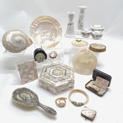 311 - Quantity of Mother of Pearl items incl. Jerusalem religious carved dish, early 19thC christening pla... 