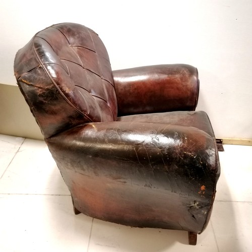 3 - Pair of Art Deco leather club armchairs with button back detail, in worn condition, 90 cm wide, 85 c... 