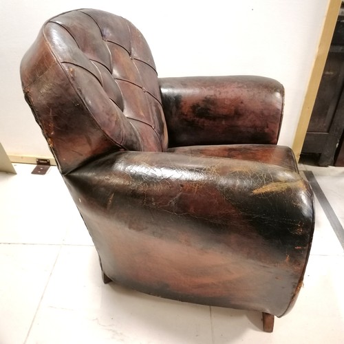 3 - Pair of Art Deco leather club armchairs with button back detail, in worn condition, 90 cm wide, 85 c... 