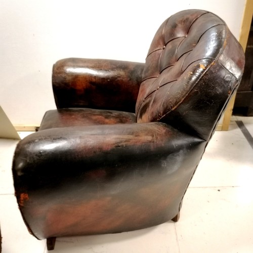 3 - Pair of Art Deco leather club armchairs with button back detail, in worn condition, 90 cm wide, 85 c... 