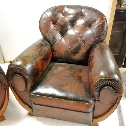 3 - Pair of Art Deco leather club armchairs with button back detail, in worn condition, 90 cm wide, 85 c... 