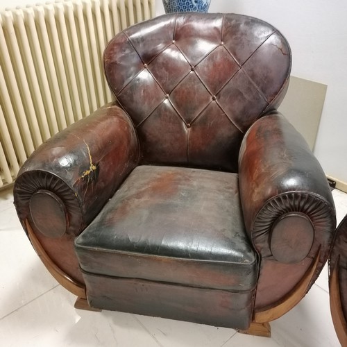 3 - Pair of Art Deco leather club armchairs with button back detail, in worn condition, 90 cm wide, 85 c... 