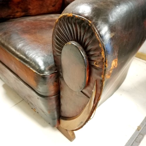 3 - Pair of Art Deco leather club armchairs with button back detail, in worn condition, 90 cm wide, 85 c... 