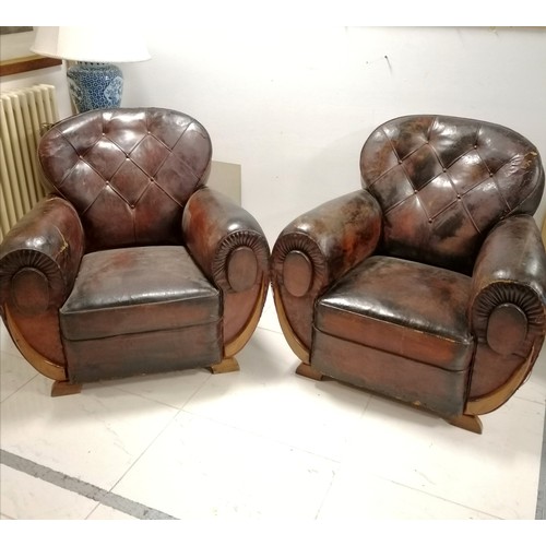 3 - Pair of Art Deco leather club armchairs with button back detail, in worn condition, 90 cm wide, 85 c... 