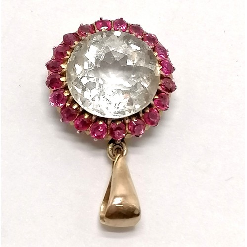 536 - Antique unmarked gold ruby & white stone pendant - 2.8cm drop & 4.5g total weight ~ the large white ... 