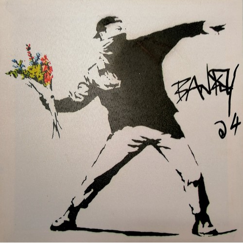 6 - Banksy hand signed 'Flower Thrower / Love is in the air' screenprint - 38cm square ~ has slight surf... 