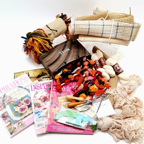 183 - Box containing assorted rug making items to include wool, books etc.