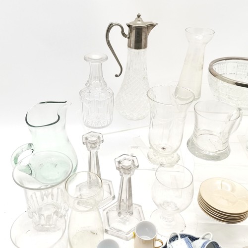 190 - Claret jug, 29cm high, Pair of glass candlesticks, t/w a collection of assorted glassware and china.