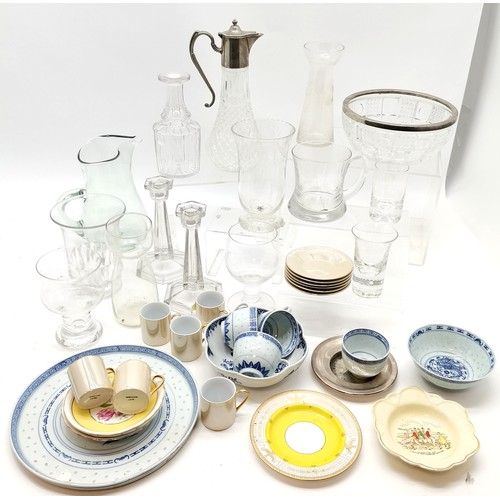 190 - Claret jug, 29cm high, Pair of glass candlesticks, t/w a collection of assorted glassware and china.