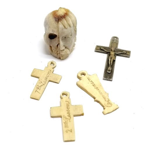 193 - Antique carved bone memento mori (2cm) t/w 3 x vegetable root votives & crucifix