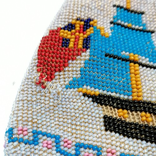 195 - Antique Berlin beadwork purse depicting tall masted ship & has drawstring to top (with mother of pea... 