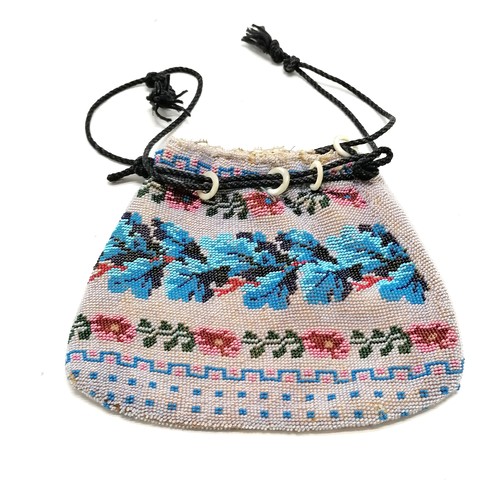 195 - Antique Berlin beadwork purse depicting tall masted ship & has drawstring to top (with mother of pea... 