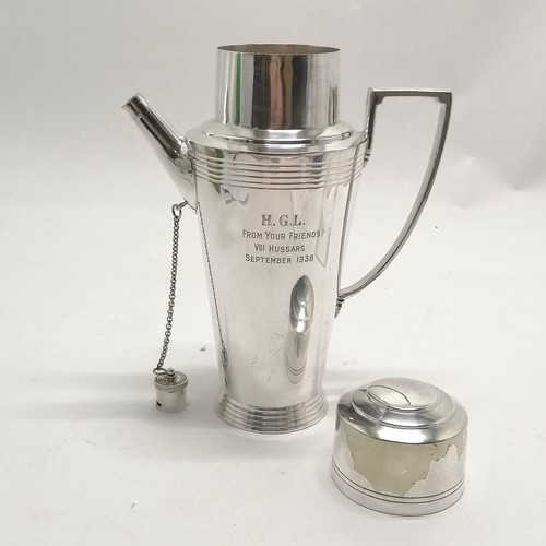 205 - Art Deco Mappin & Webb silver plated cocktail shaker (24cm high) with 1938 VIII Hussars presentation... 