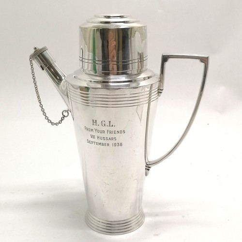 205 - Art Deco Mappin & Webb silver plated cocktail shaker (24cm high) with 1938 VIII Hussars presentation... 