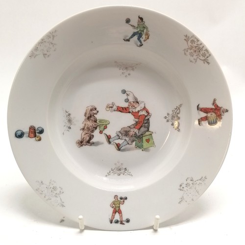 207 - Antique childrens plate depicting circus scenes inc strongman - 21cm diameter and has losses to gild... 