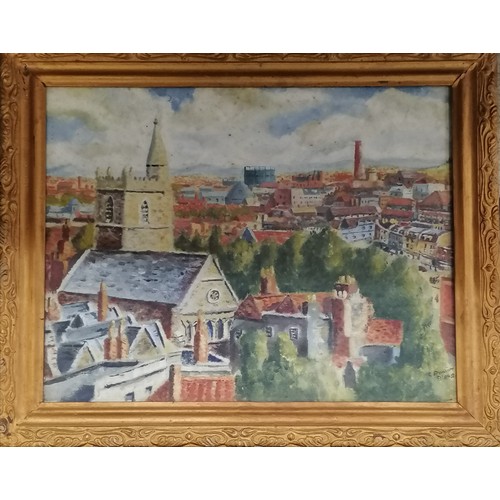 210 - 3 x original oil paintings inc 1949 townscape by C Phillips (46cm x 56cm)