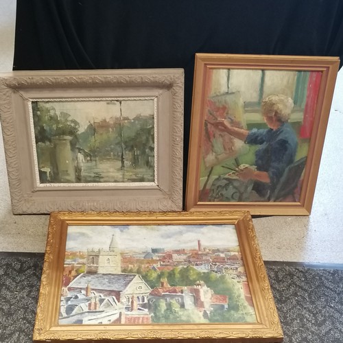 210 - 3 x original oil paintings inc 1949 townscape by C Phillips (46cm x 56cm)
