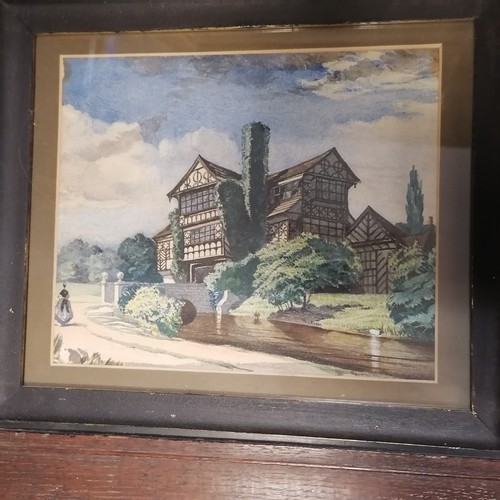 211 - 3 x watercolour paintings t/w large framed antique print (55cm x 91cm)